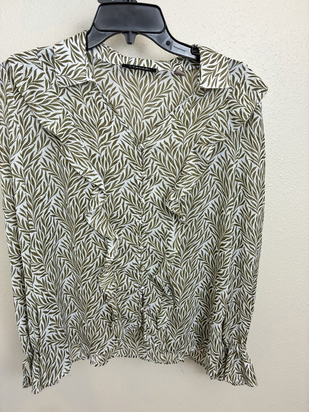T Tahari Blouse Large Floral Button Up Ruffle Sleeves